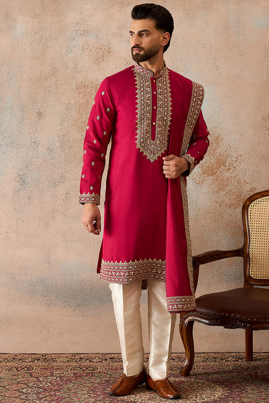 Ethnic Bay Mens Pink Silk Blend Solid Embroidered Kurta With Dupatta MKUD1030