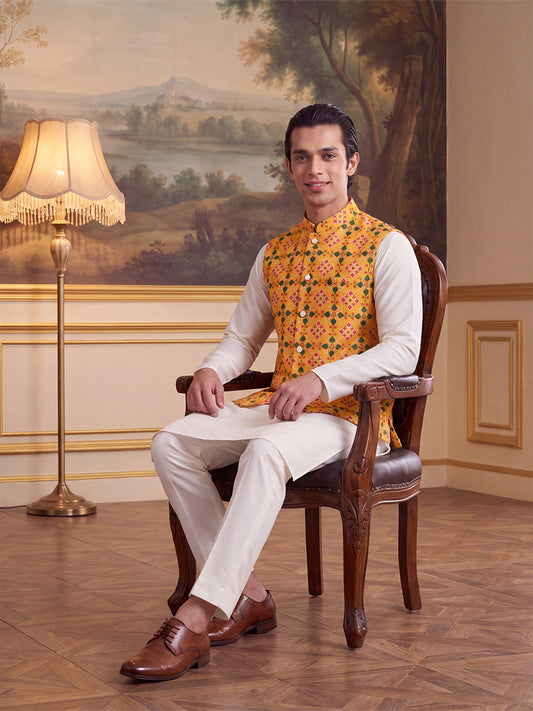 Ethnic Bay Mens Yellow Silk Blend Patola Print Mandarine Collar Koti MKOT1050