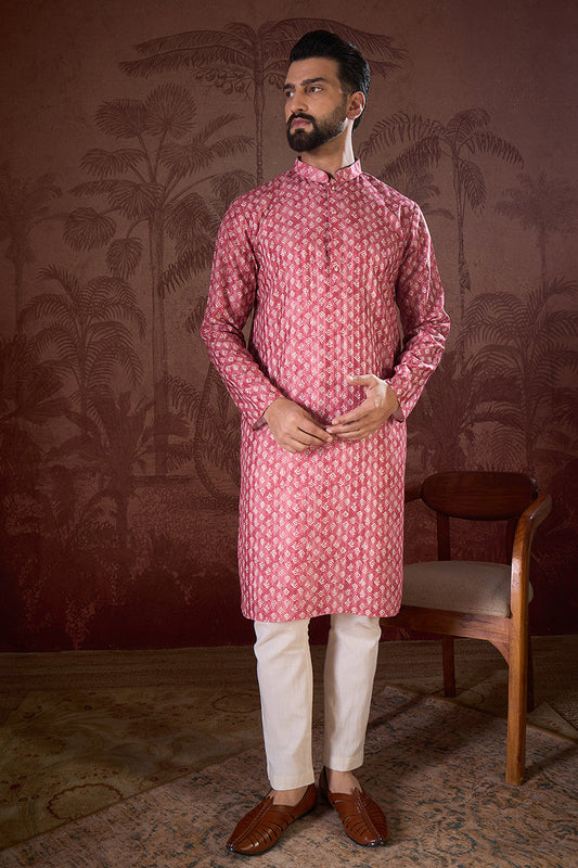 Pink Silk Blend Ethnic Motifs Printed Straight Kurta With Trouser MKSET1938