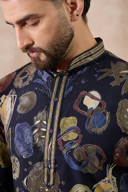 Navy Blue Silk Blend Printed Mandarin Collar Straight Kurta With Trouser MKSET1961