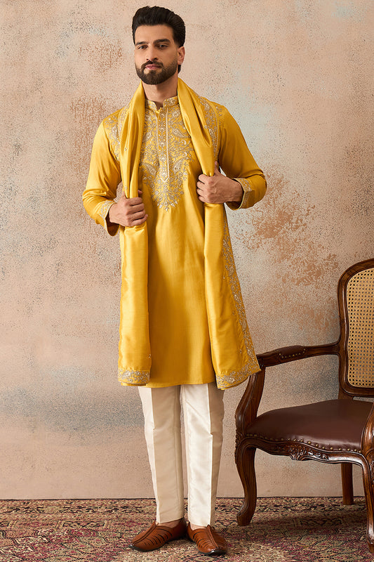 Ethnic Bay Men Yellow Silk Blend Embroidered Ethnic Kurta with Dupatta MKUD1023