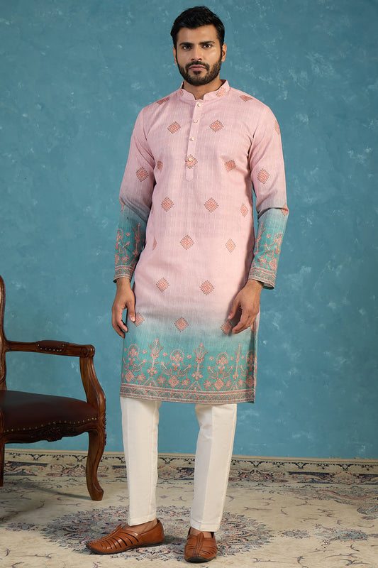 Ethnic Bay Mens Peach Silk Blend Woven Design Calf Length Straight Regular Kurta With Trouser MKSET2348