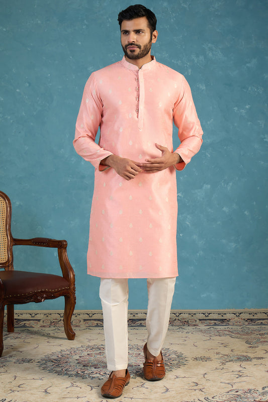 Ethnic Bay Mens Pink Jacquard Ethnic Motifs Woven Design Kurta MKU2394