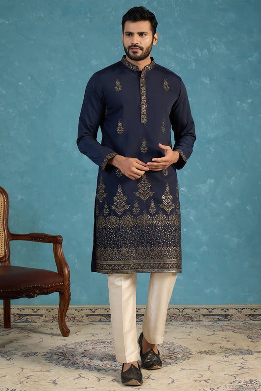 Ethnic Bay Men Blue Silk Blend Embroidered Straight Kurta MKU2122