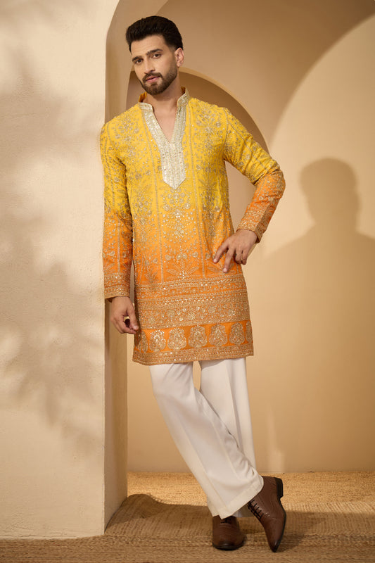 Ethnic Bay Yellow Georgette Solid Embroidered V-Neck Kurta MKU2585