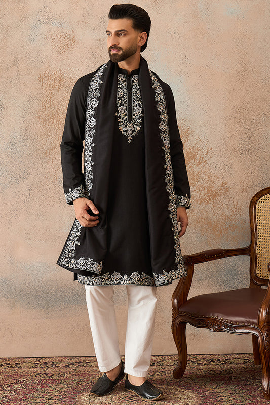Ethnic Bay Mens Black Silk Blend Solid Embroidered Kurta With Dupatta MKUD1043