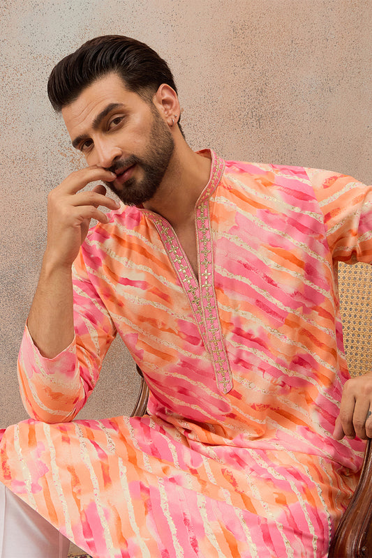 Ethnic Bay Mens Pink Viscose Rayon Leheriya Printed Kurta MKU2754