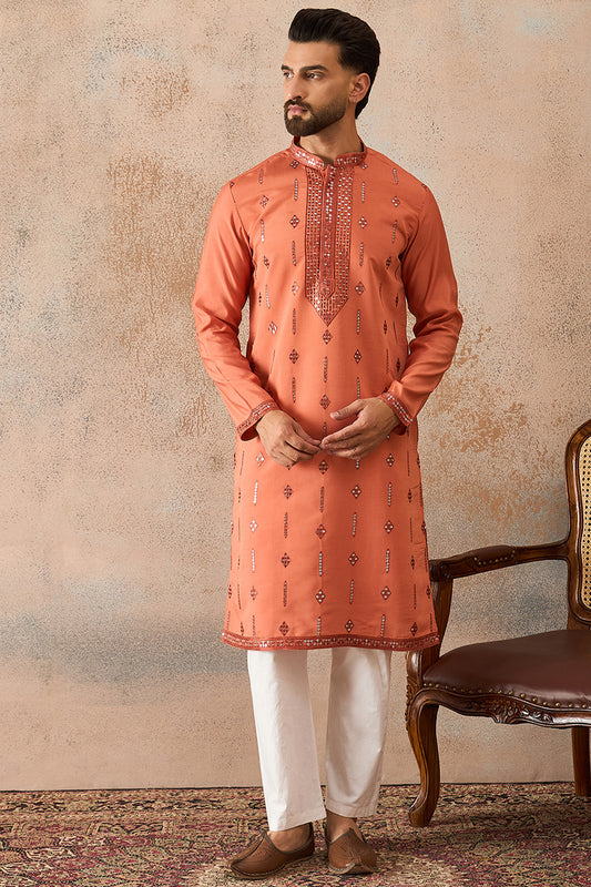 Ethnic Bay Mens Orange Silk Blend Solid Embroidered Kurta With Trouser MKSET2258