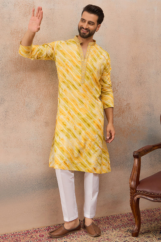 Ethnic Bay Mens Yellow Viscose Rayon Leheriya Printed Kurta MKU2756