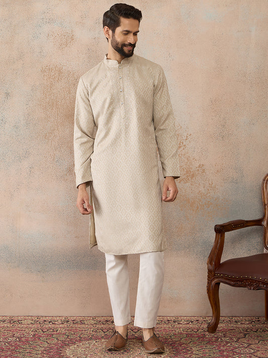 Ethnic Bay Mens Peach Linen Blend Geometric Woven Design Kurta With Trouser MKSET2364