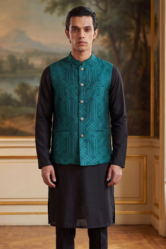 Ethnic Bay Mens Green Jacquard Woven Design Solid Koti MKOT1044