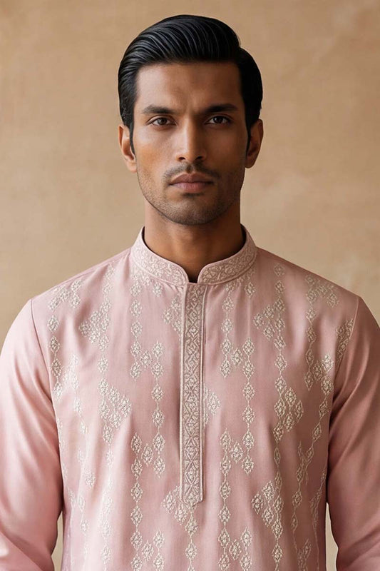 Ethnic Bay Mens Pink Silk Blend Solid Embroidered Kurta With Trousers MKSET2088