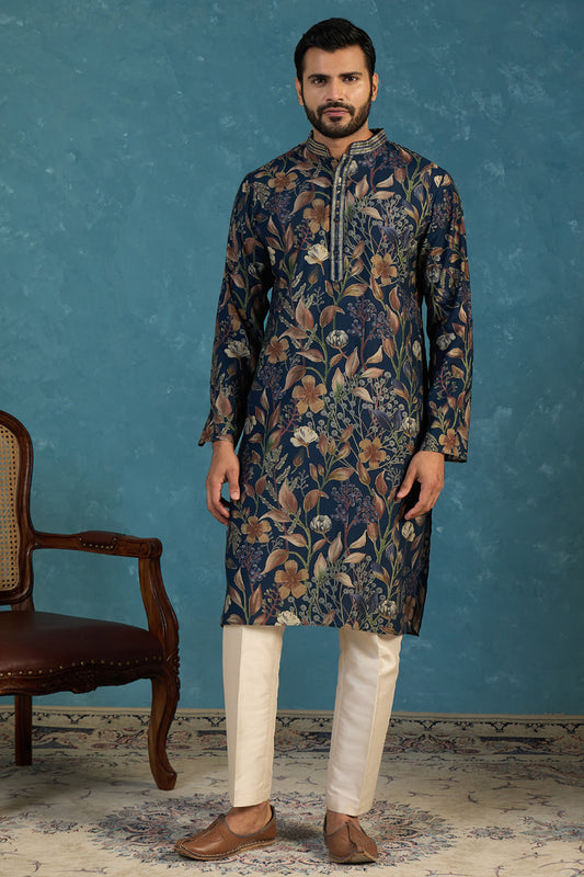 Ethnic Bay Mens Blue Modal Floral Printed Calf Length Straight Regular Kurta With Trouser MKSET1978