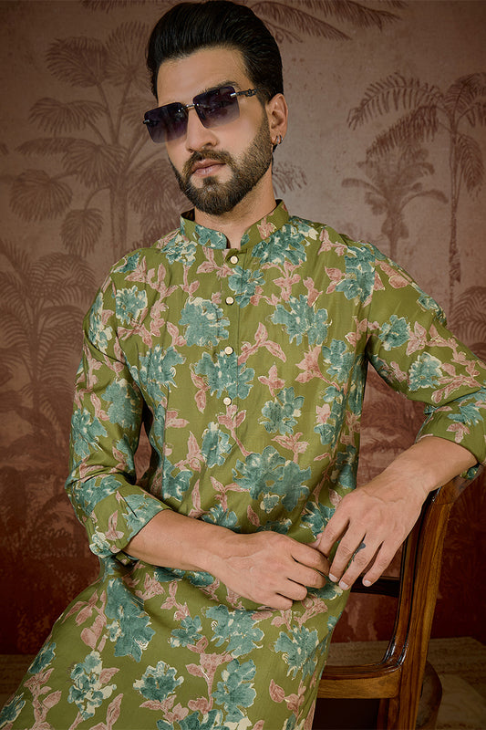 Ethnic Bay Men Green Silk Blend Floral Printed Kurta With Trouser MKSET2537