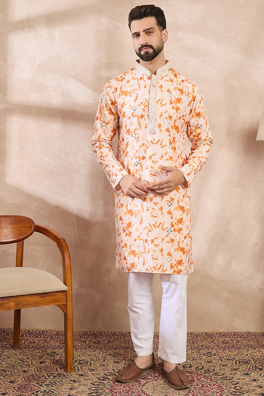 Orange Silk Blend Solid Embroidered Straight Kurta With Trouser MKSET2002