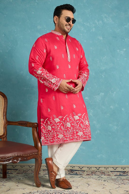 Ethnic Bay Mens Pink Silk Blend Solid Thread Work Embroidered Kurta MKU1943