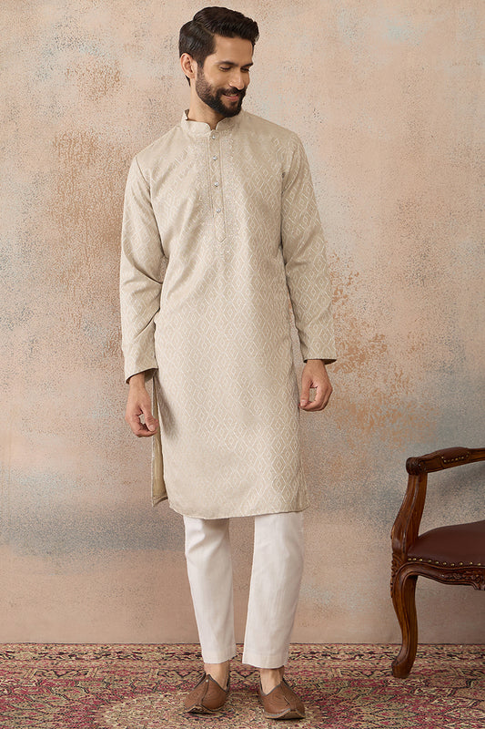 Ethnic Bay Mens Beige Linen Blend Geometric Woven Design Kurta MKU2364