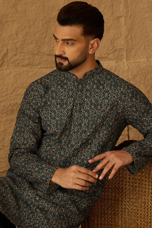 Navy Blue Viscose Rayon Geometric Printed Straight Kurta with Trouser MKSET1609