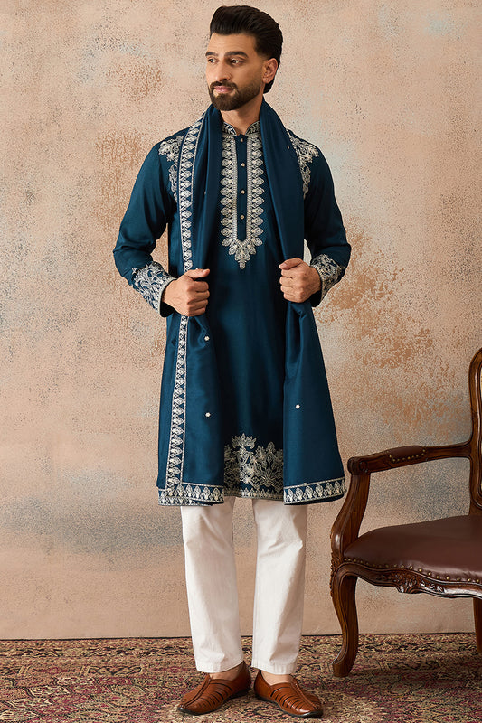 Ethnic Bay Mens Blue Silk Blend Solid Embroidered Kurta & Trouser With Dupatta MKPD1011