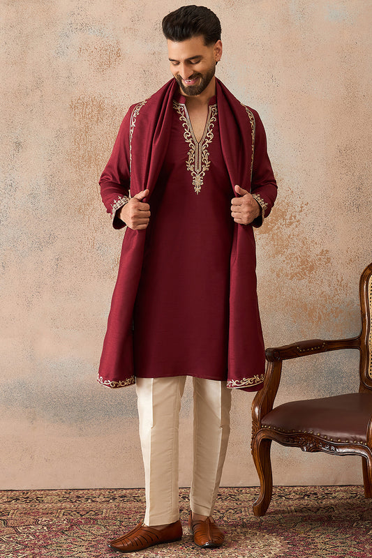 Ethnic Bay Mens Maroon Silk Blend Solid Embroidered Kurta With Dupatta MKUD1036