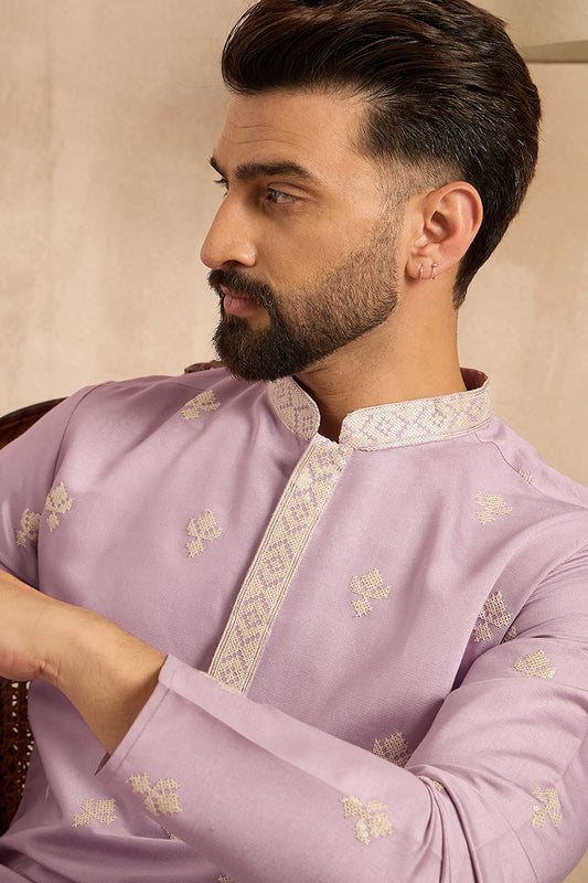 Lavender Polyester Solid Embroidered Straight Kurta With Trouser MKSET1753