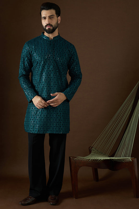 Teal Georgette Solid Embroidered Straight Kurta MKU1580
