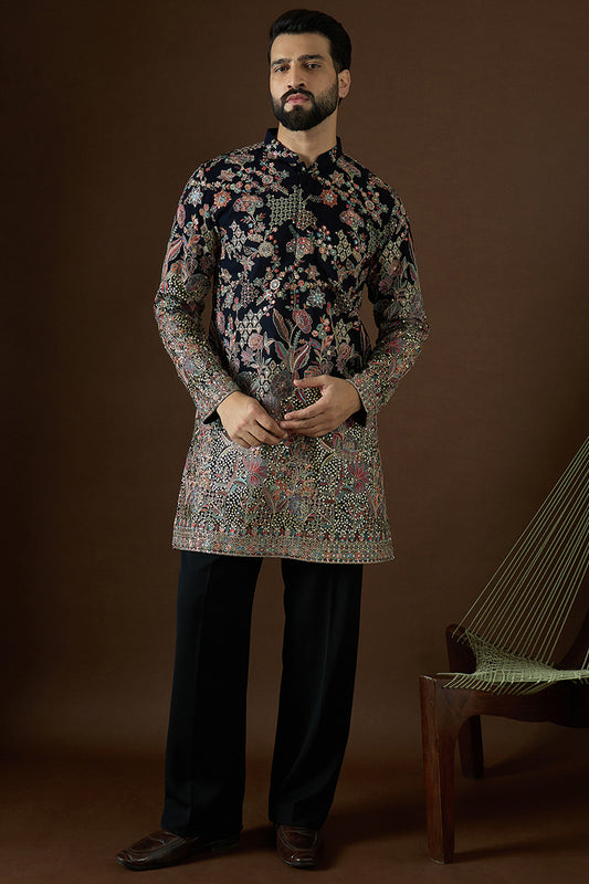 Blue Georgette Solid Embroidered Straight Kurta MKU1879