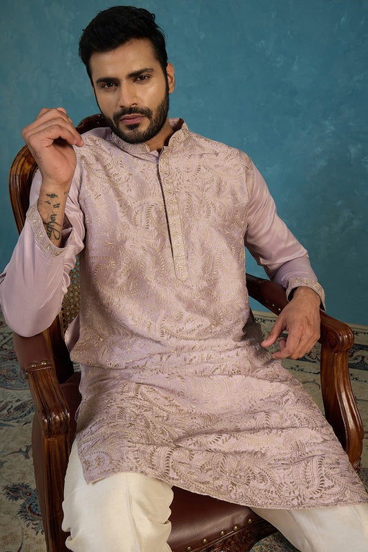 Ethnic Bay Men Lavender Silk Blend Embroidered Straight Kurta Sets MKSET2103