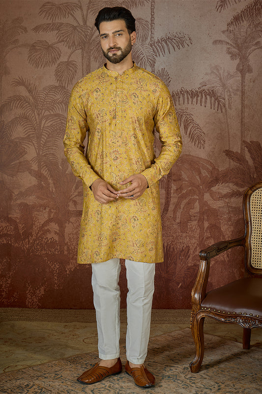 Ethnic Bay Mens Mustard Silk Blend Ethnic Motifs Printed Kurta With Trouser MKSET2559
