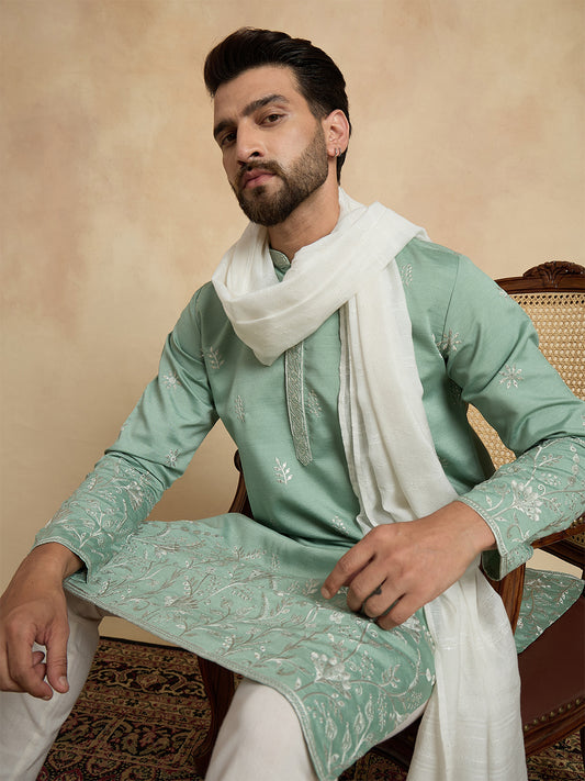 Ethnic Bay Men Green Silk Blend Solid Embroidered Straight Kurta Sets MKUD1783