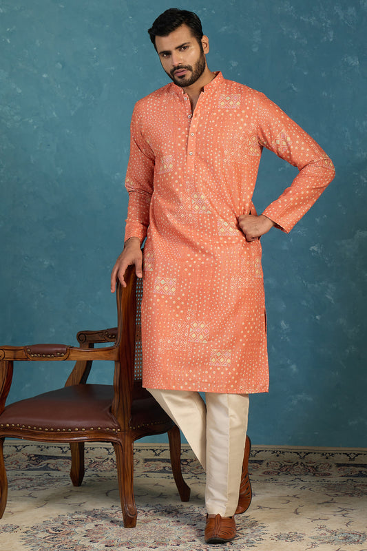Ethnic Bay Mens Orange Linen Blend Bandhani Printed Kurta MKU2638