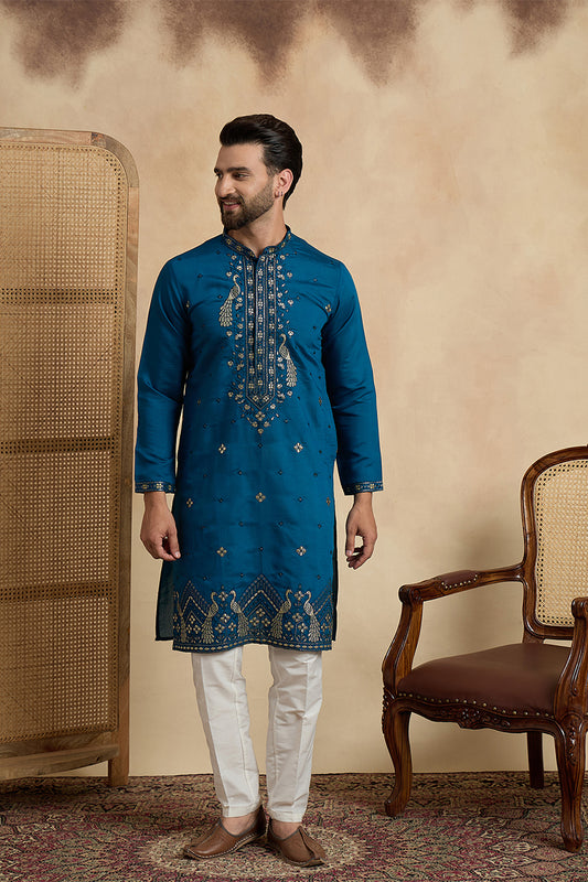 Ethnic Bay Mens Teal Silk Blend Solid Embroidered Thread Work Kurta MKU2443