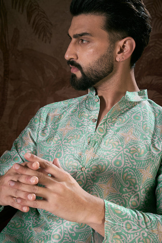 Turquoise Blue Silk Blend Abstract Printed Straight Kurta With Trouser MKSET1967