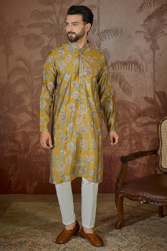 Ethnic Bay Men Mustard Silk Blend Floral Embroidered Kurta MKU2505