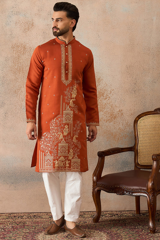 Ethnic Bay Mens Brown Viscose Rayon Solid Emboidered Straight Kurta With Trouser MKSET2206