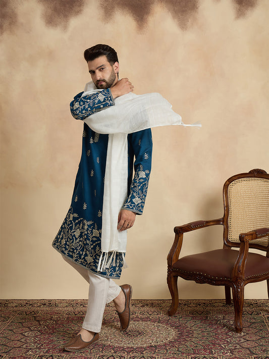 Ethnic Bay Men Blue Chanderi Silk Solid Embroidered Straight Kurta Trouser with Dupatta MKPD1315