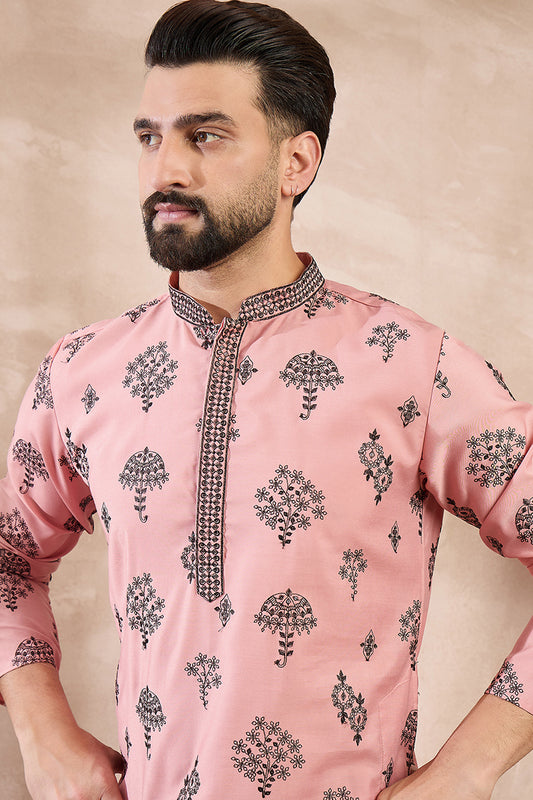 Peach Silk Blend Solid Embroidered Straight Kurta With Trouser MKSET1804