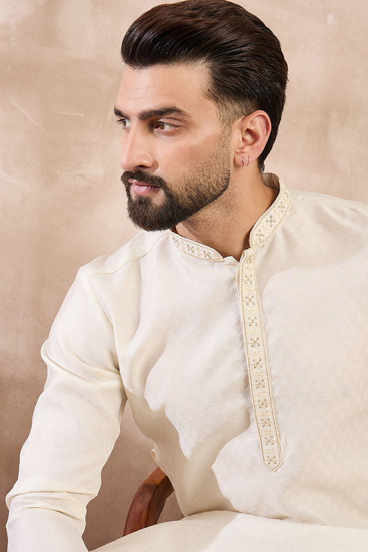 Off White Silk Blend Solid Woven Design Straight Kurta With Trouser MKSET1897