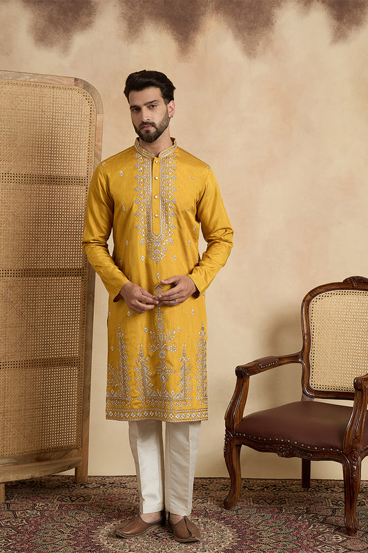 Ethnic Bay Mens Yellow Silk Blend Solid Embroidered Straight Kurta MKU2525