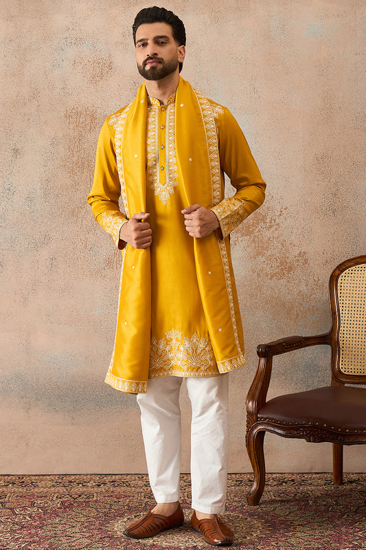 Ethnic Bay Mens Yellow Silk Blend Solid Embroidered Kurta & Trouser With Dupatta MKPD1010