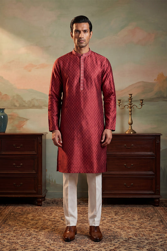 Ethnic Bay Mens Maroon Jacquard Woven Design Straight Kurta MKU2342