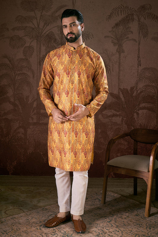 Mustard Silk Blend Ethnic Motifs Printed Straight Kurta MKU1925
