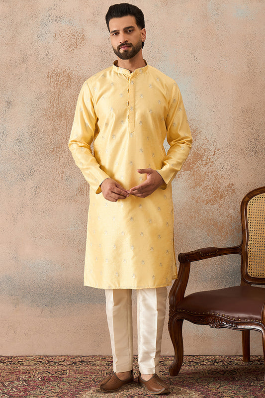 Ethnic Bay Mens Yellow Silk Blend Floral Straight Kurta MKU2216