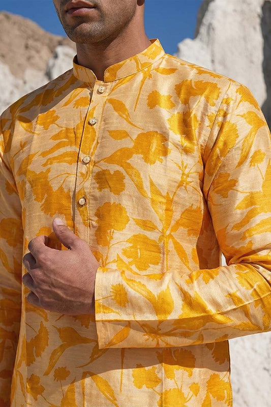 Ethnic Bay Yellow Silk Blend Printed Straight Kurta With Trousers MKSET2167
