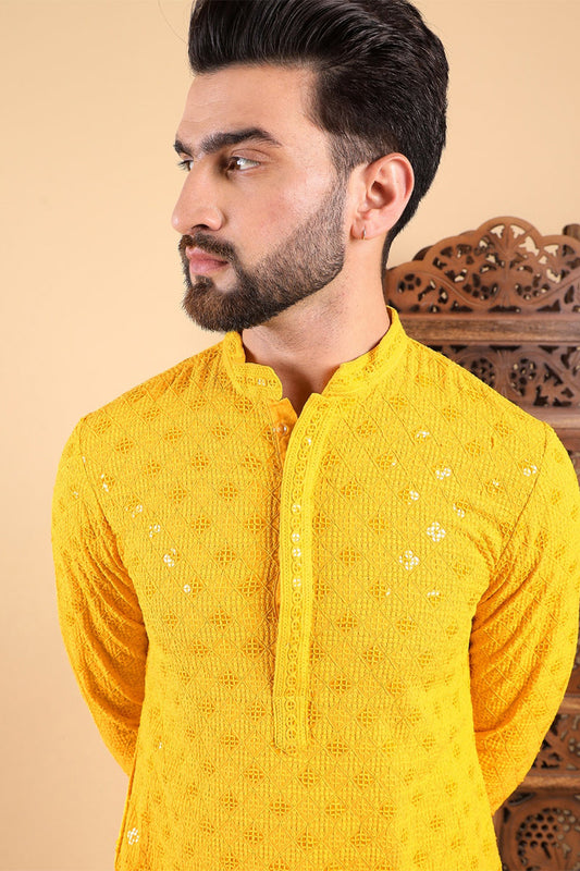 Yellow Viscose Rayon Solid Embroidered Straight Kurta with Trousers MKSET1010YLW