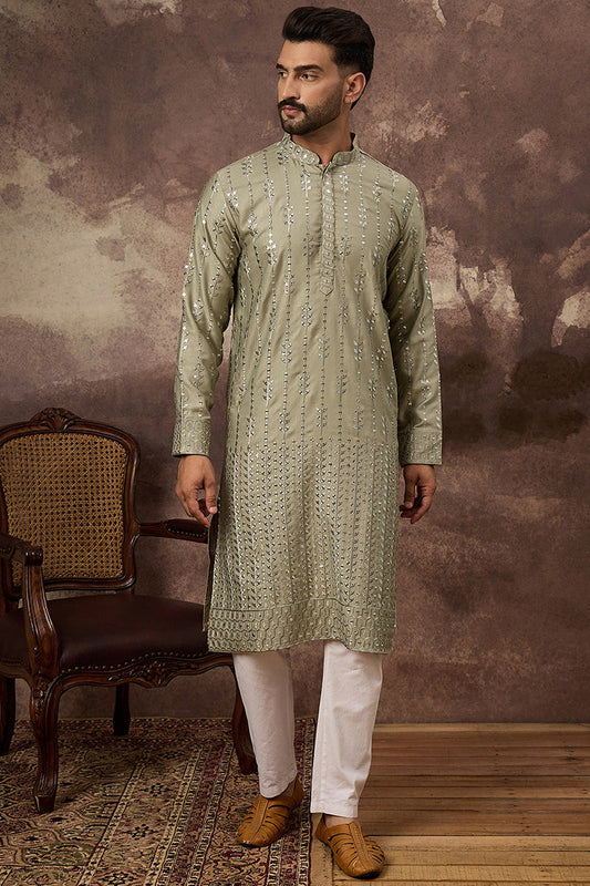 Green Silk Blend Solid Embroidered Straight Kurta With Pant Set MKSET1356