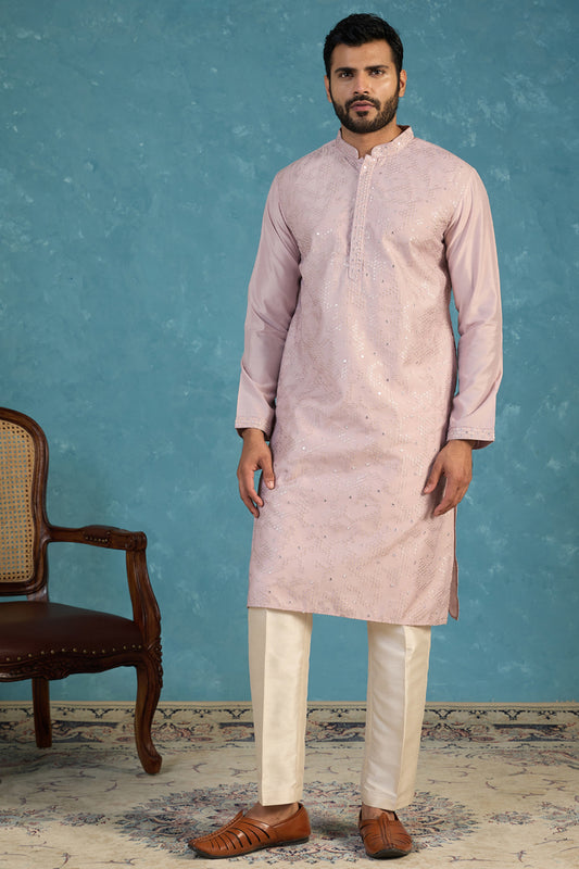 Ethnic Bay Men Lavender Silk Blend Embroidered Straight Kurta MKU2135