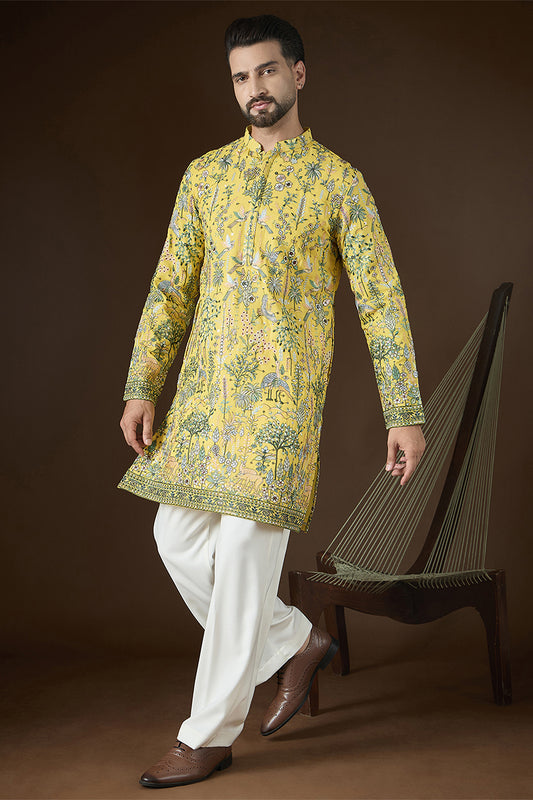 Ethnic Bay Yellow Georgette Solid Embroidered Kurta With Trouser MKSET2727