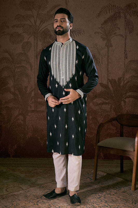 Black Silk Blend Solid Embroidered Straight Kurta MKU1883