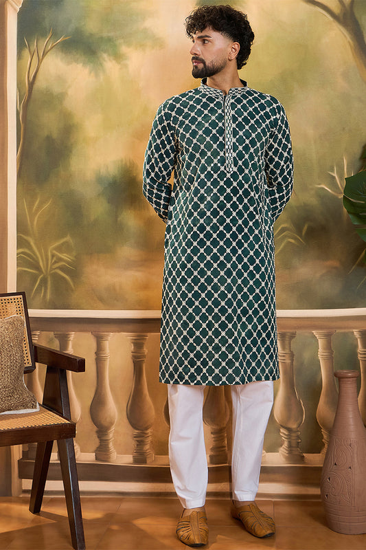 Ethnic Bay Teal Silk Blend Embroidered Straight Kurta With Trousers MKSET1416